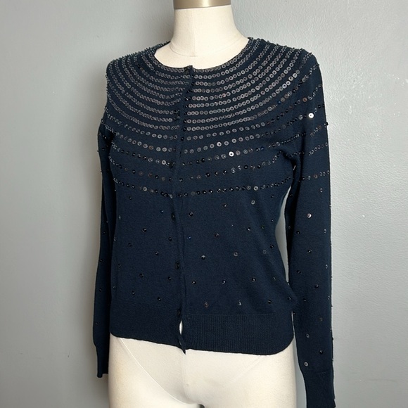 Banana Republic Navy Merino Wool Sequin Cardigan size M- like new - Picture 11 of 12